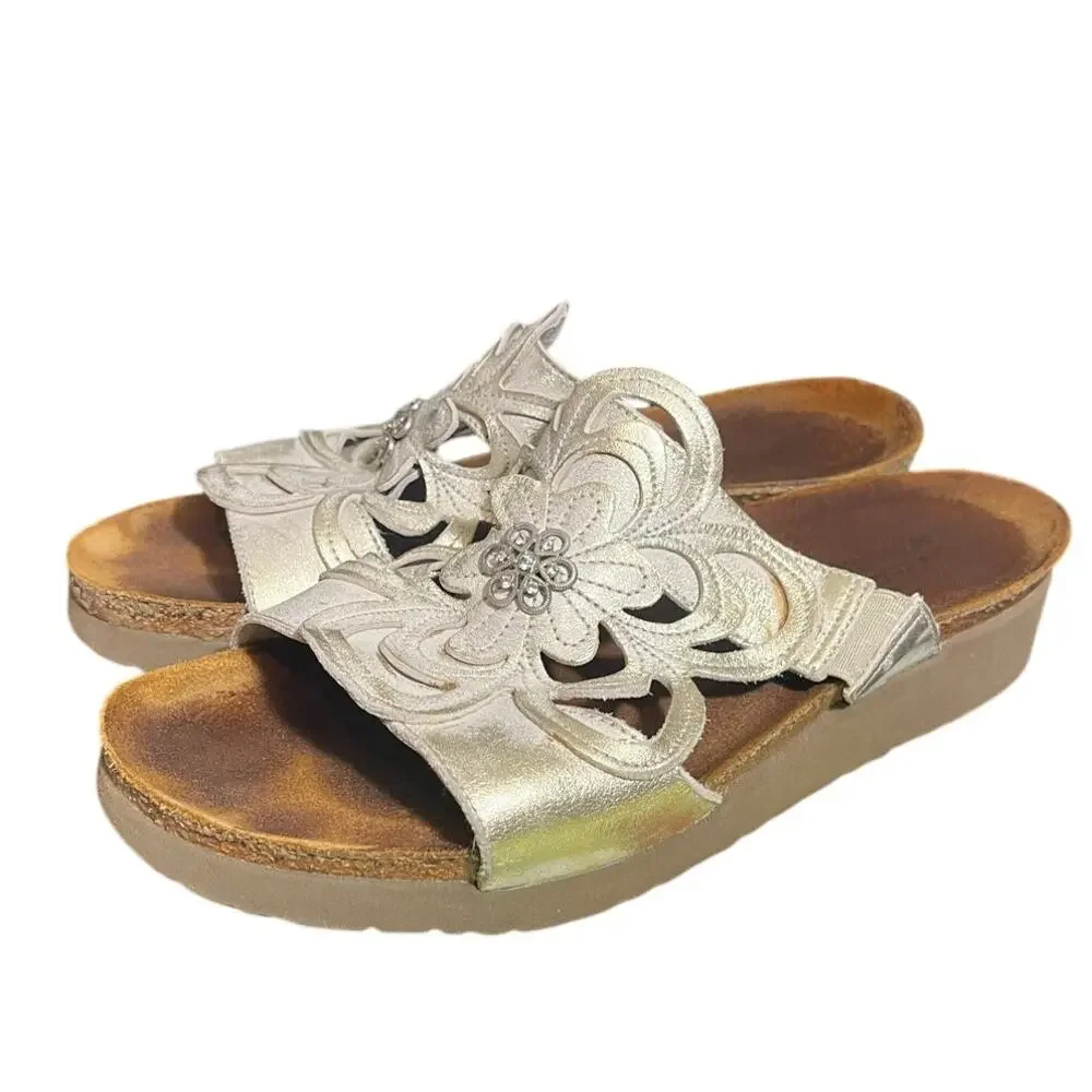 Naot Women’s Sandy Dusty Silver Floral Comfort Leather Slide‎ Sandals 40 US 9
